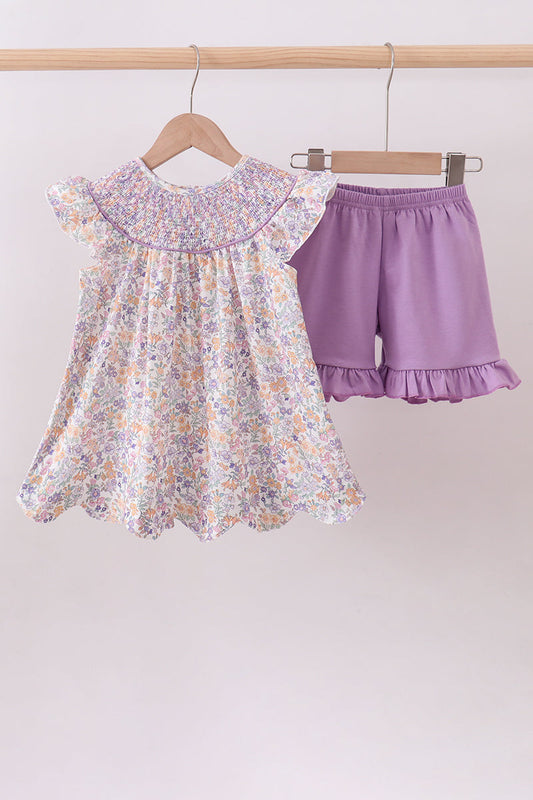 Purple floral smocked ruffle shorts set