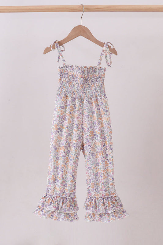 Purple floral smocked ruffle jumpsuit