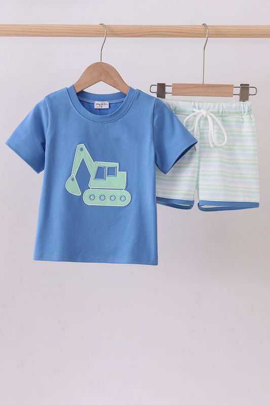 Blue excavator applique shorts set