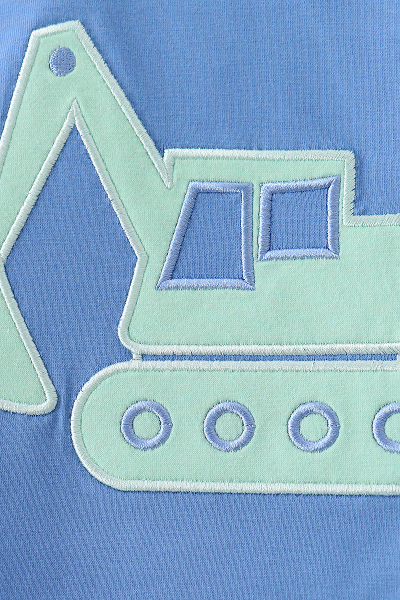 Blue excavator applique shorts set
