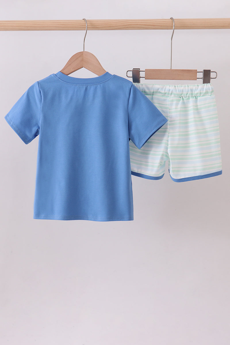 Blue excavator applique shorts set