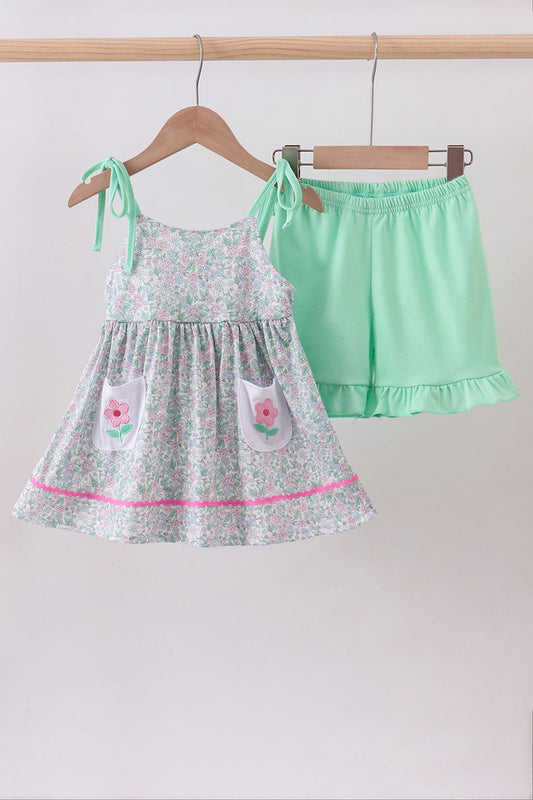 Green floral print ruffle shorts set