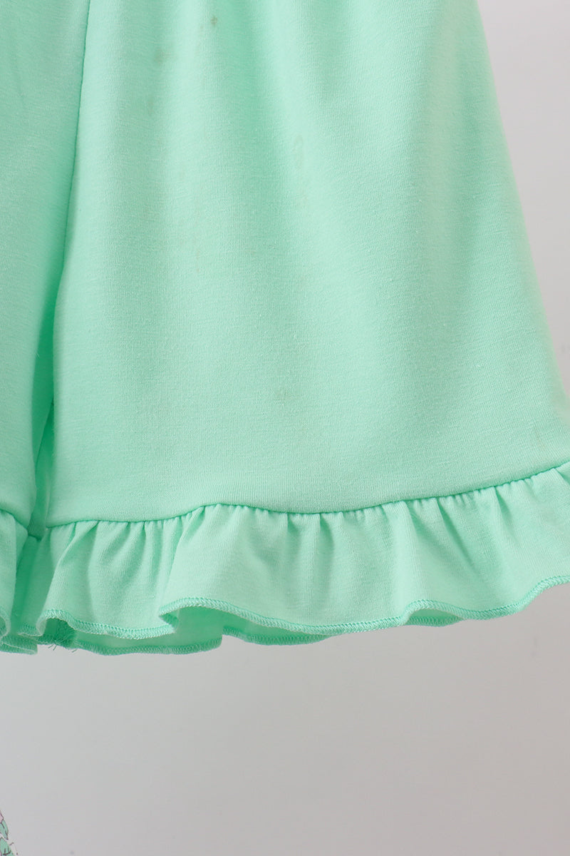 Green floral print ruffle shorts set