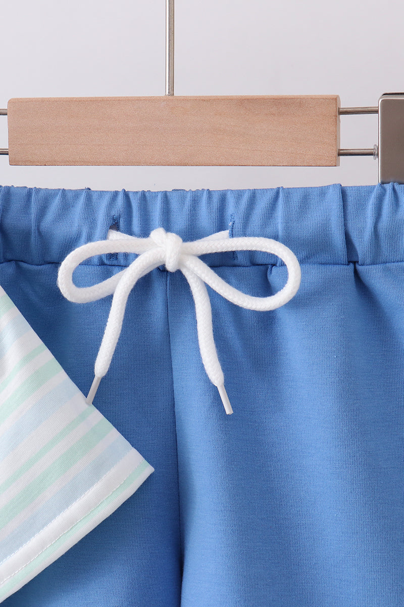 Blue excavator embroidery shorts set