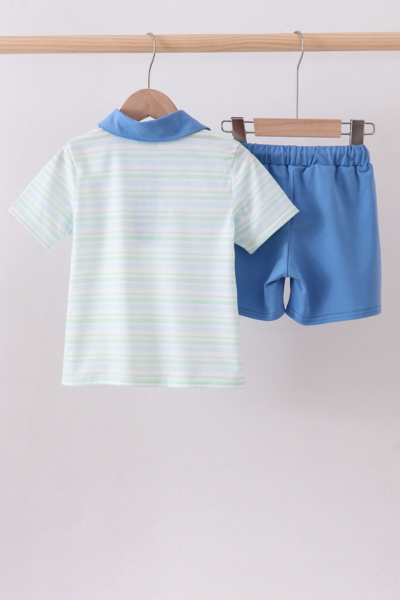 Blue excavator embroidery shorts set