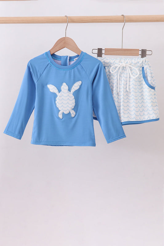 Blue beach sea turtle applique swimsuit set