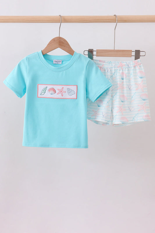 Blue shell starfish embroidery shorts set