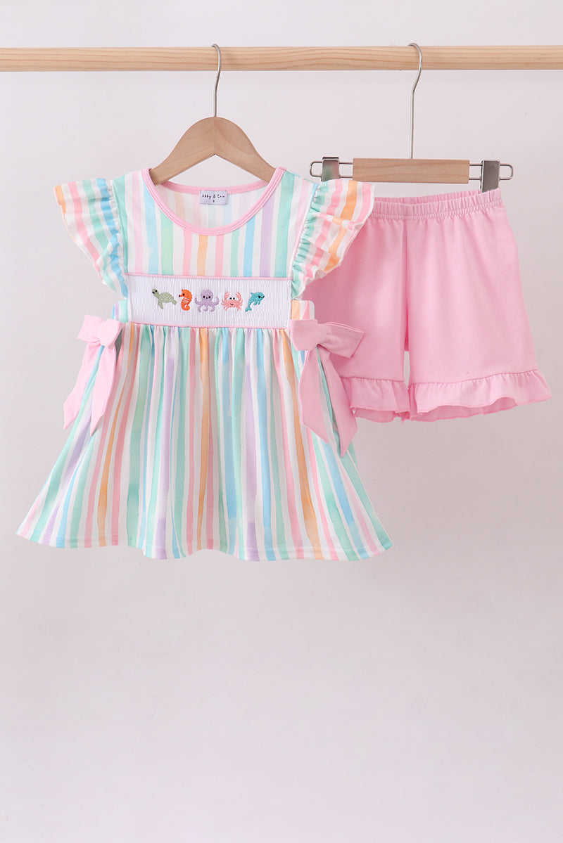 Multicolored stripe marine embroidery ruffle shorts set