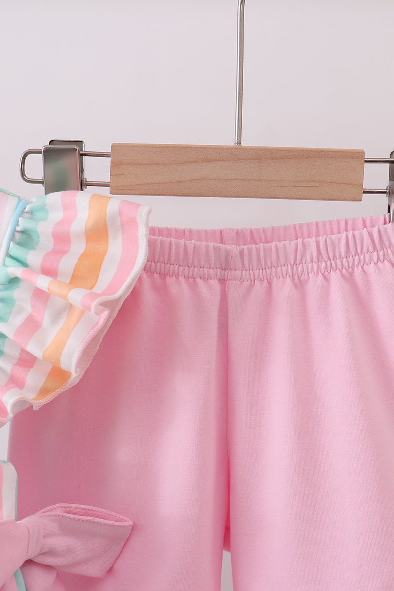 Multicolored stripe marine embroidery ruffle shorts set