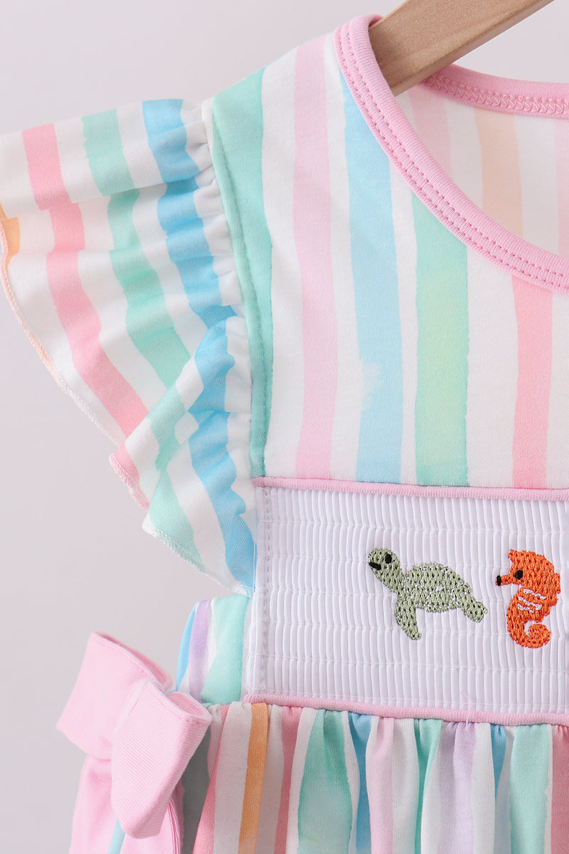 Multicolored stripe marine embroidery ruffle shorts set