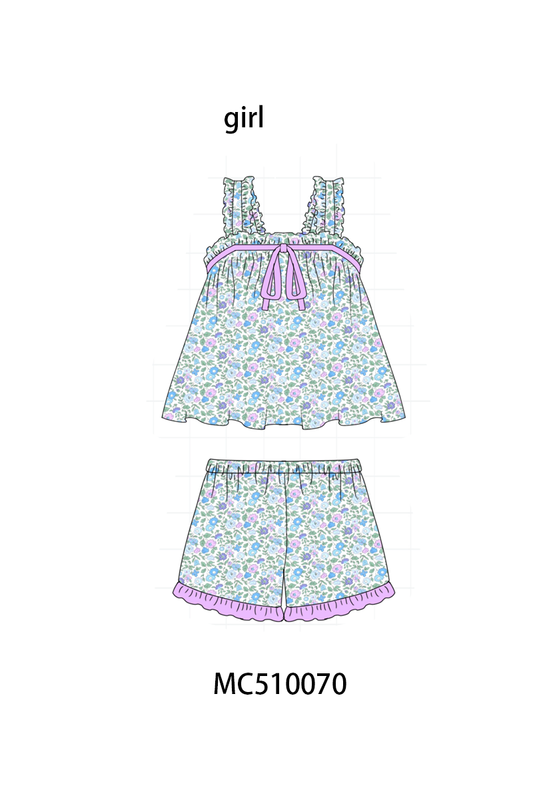Purple floral print bow ruffle shorts set