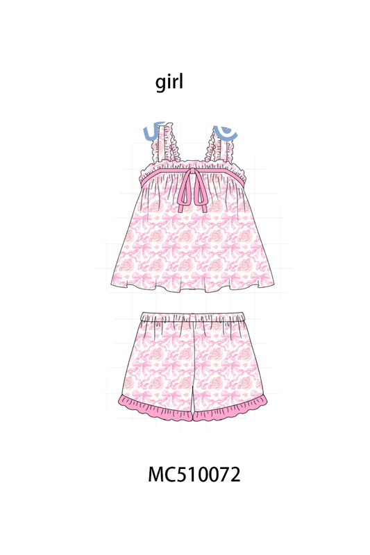Pink floral print bow ruffle shorts set