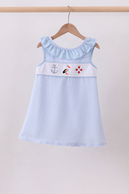 Blue nautical trio embroidery ruffle dress