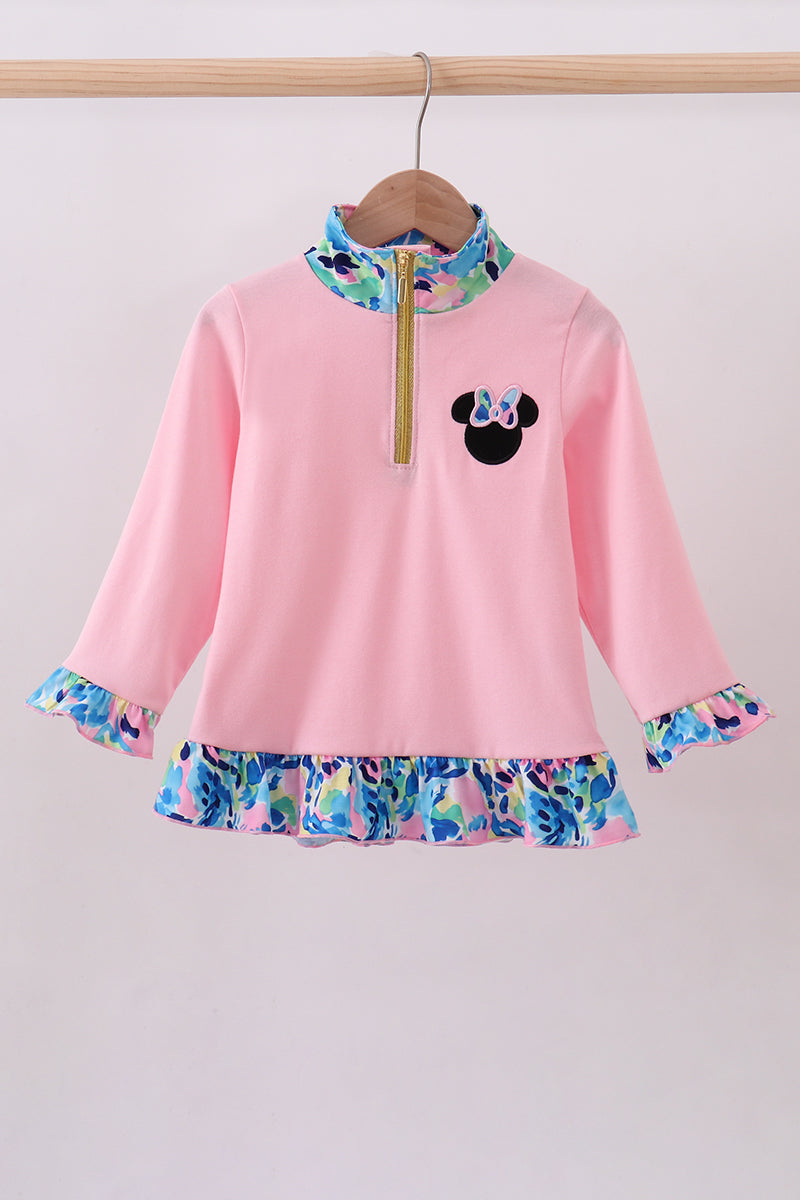Pink character embroidery ruffle zip pullover