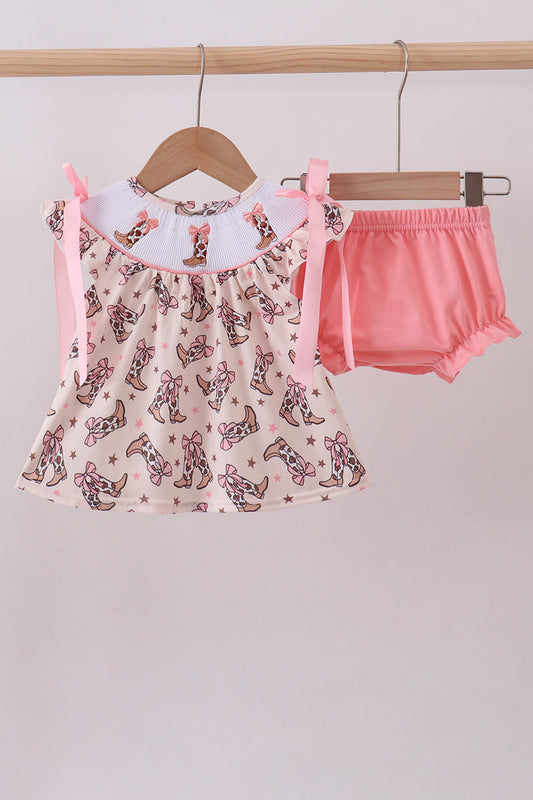 Western cowboy boots smocked bloomer set