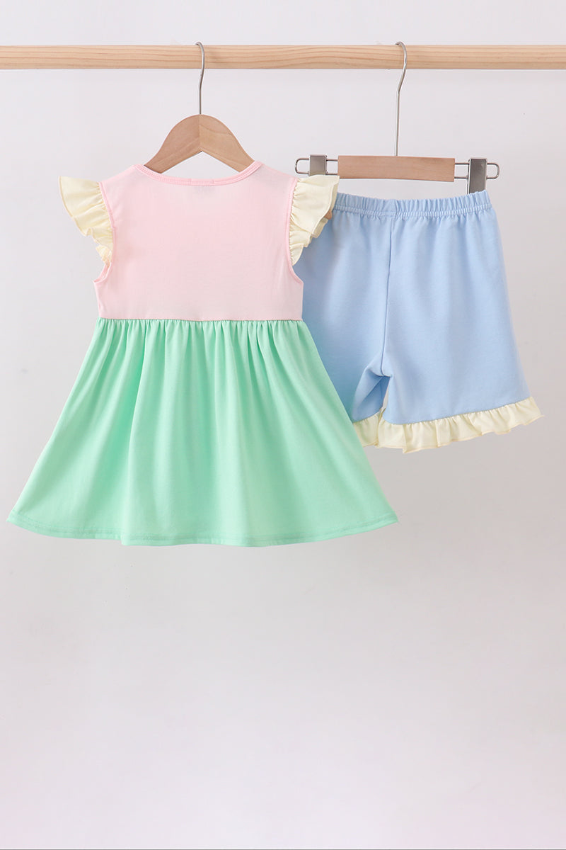 Color block sailboat embroidery ruffle shorts set