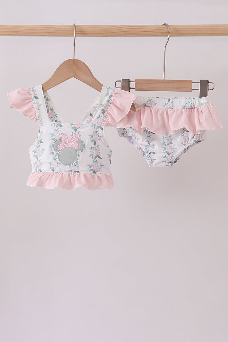 Pink character applique floral ruffle 2pc swimsuit