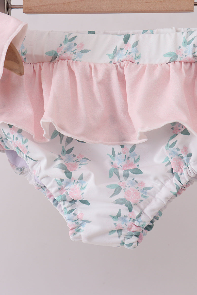 Pink character applique floral ruffle 2pc swimsuit