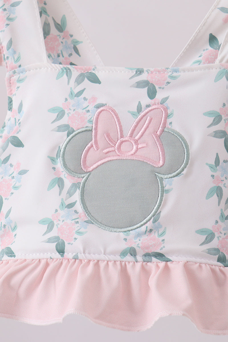 Pink character applique floral ruffle 2pc swimsuit