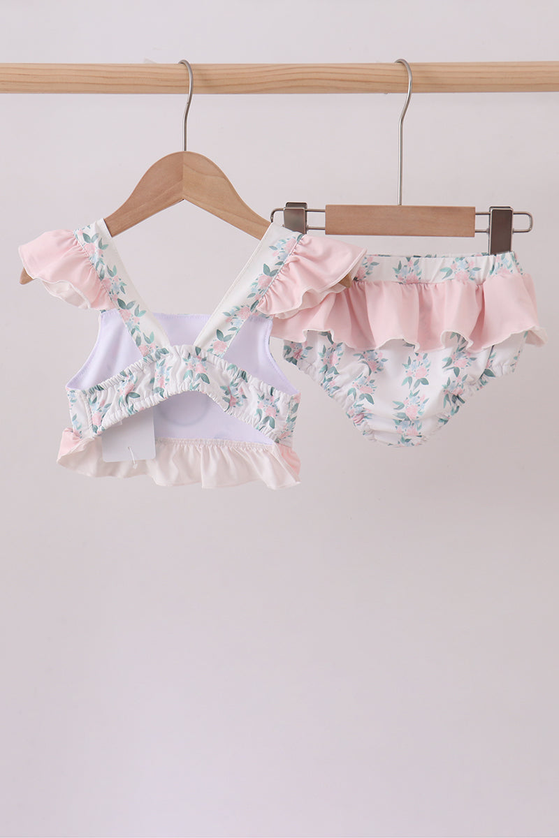 Pink character applique floral ruffle 2pc swimsuit