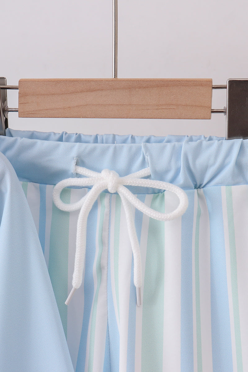 Blue character embroidery stripe long sleeve swimsuit