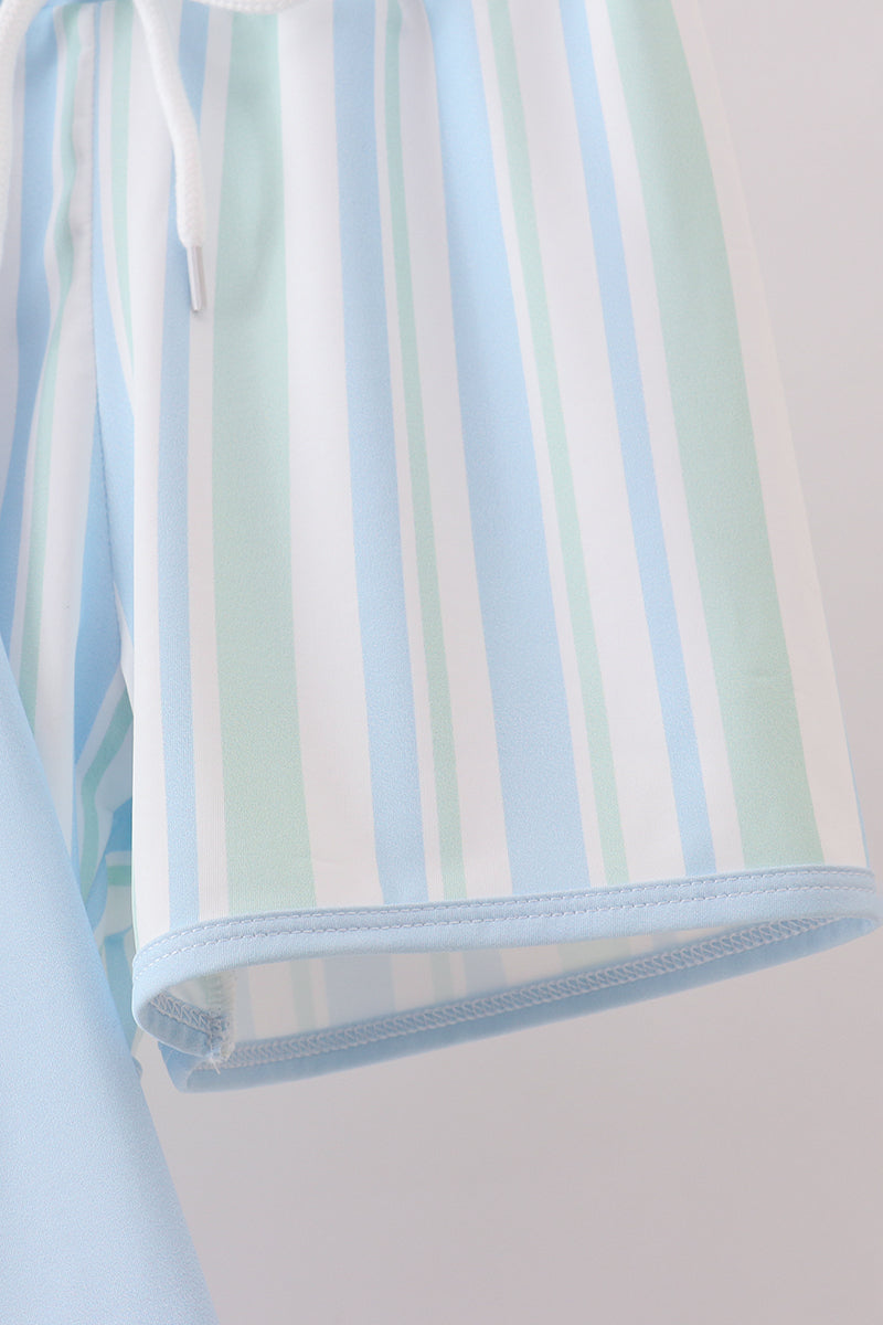 Blue character embroidery stripe long sleeve swimsuit