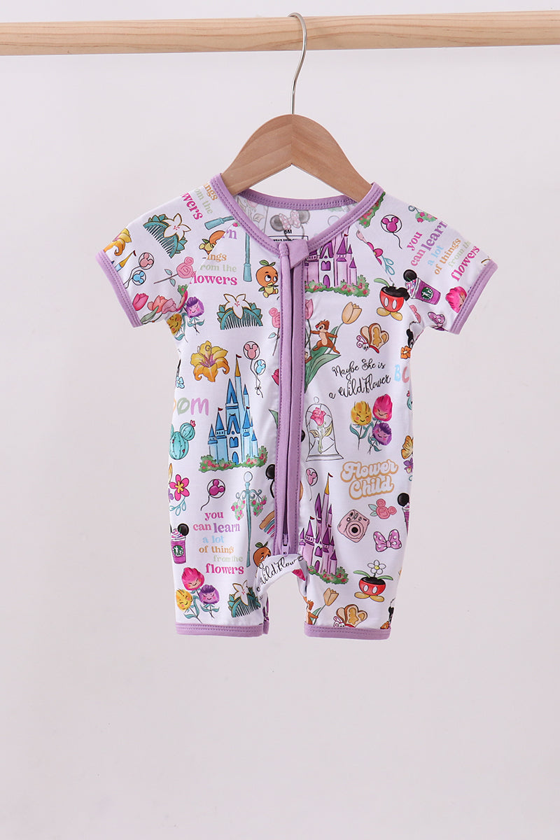 Purple character castle bamboo romper