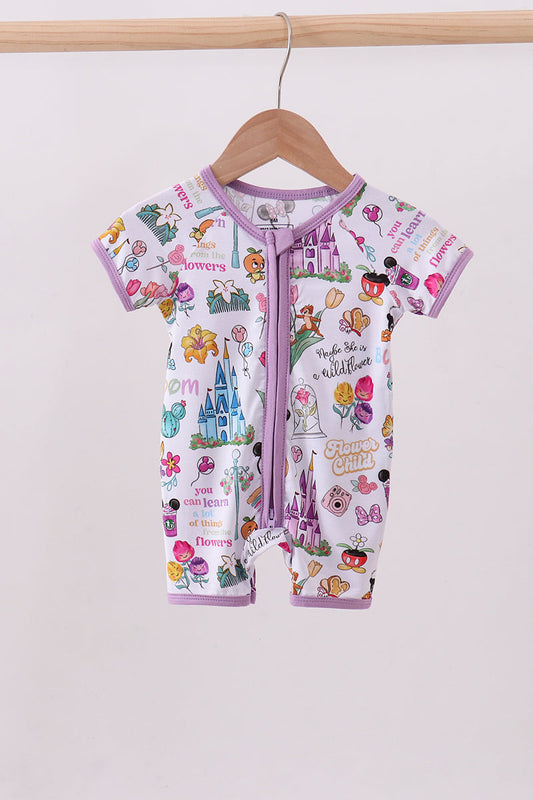 Purple character castle bamboo romper