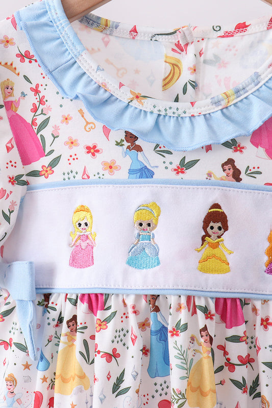 Blue character embroidery bow ruffle pants set