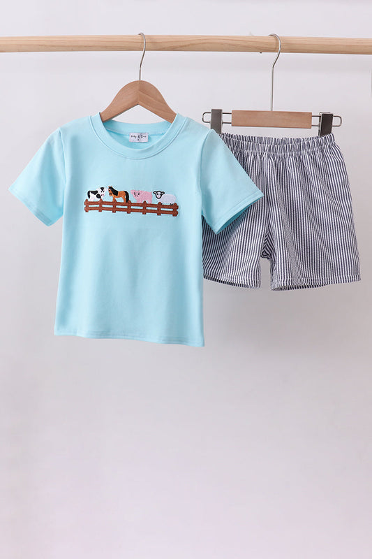 Blue farm animal embroidery shorts set