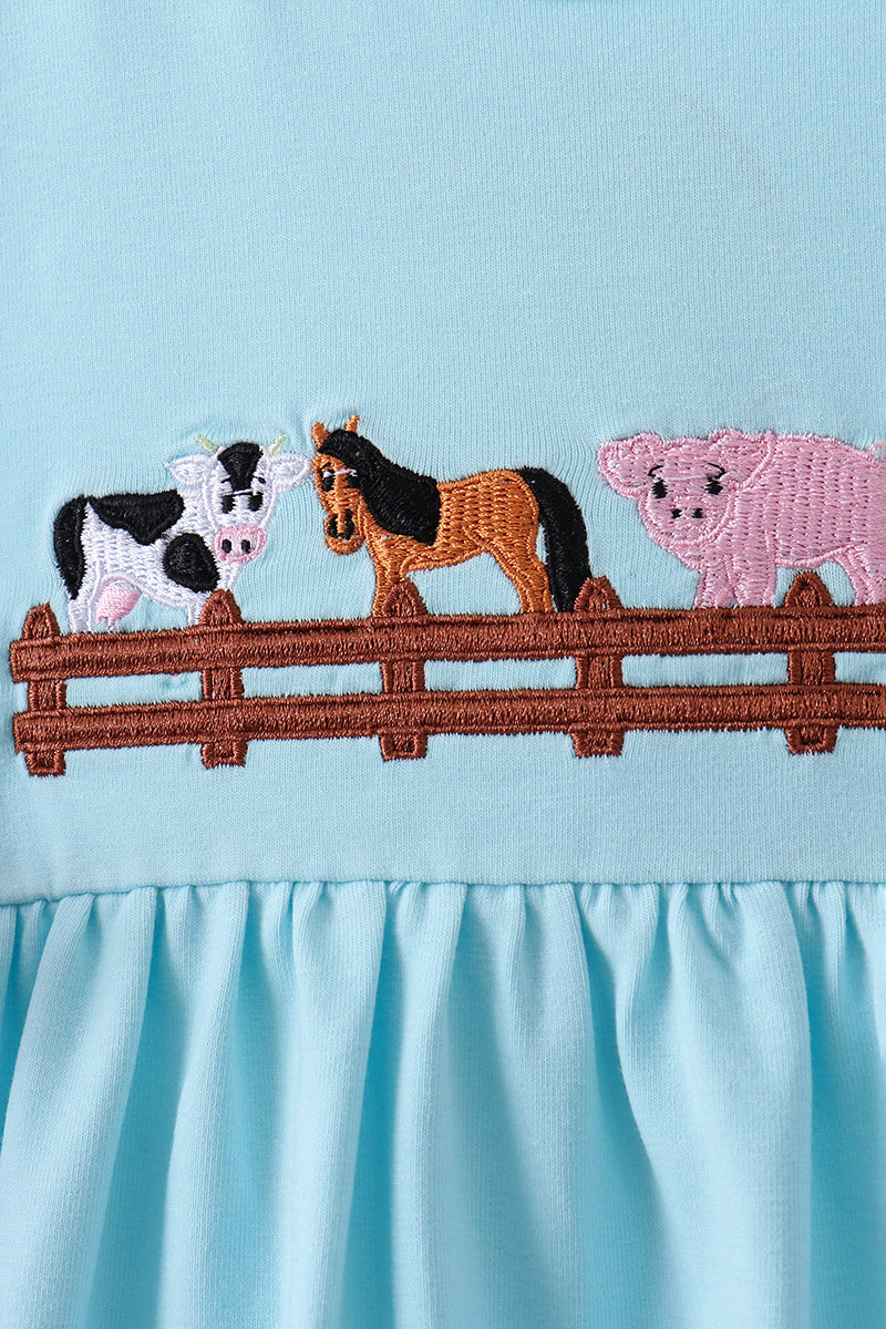 Blue farm animal embroidery ruffle shorts set