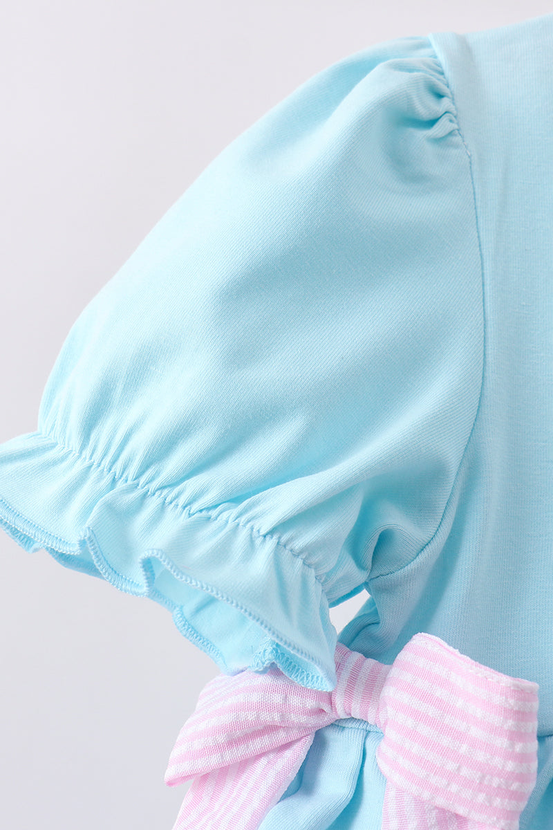 Blue farm animal embroidery ruffle shorts set