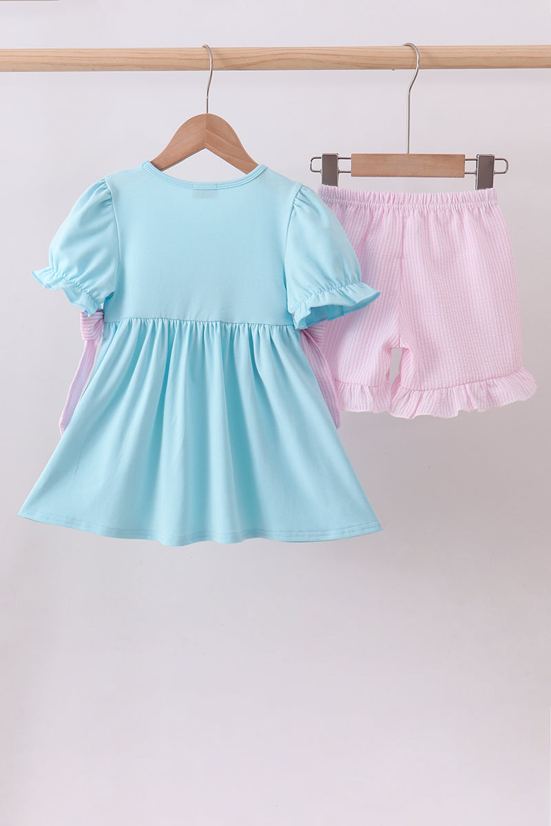 Blue farm animal embroidery ruffle shorts set