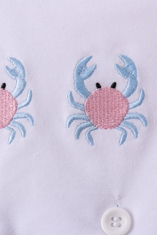 Blue crab embroidery seersucker bow dress