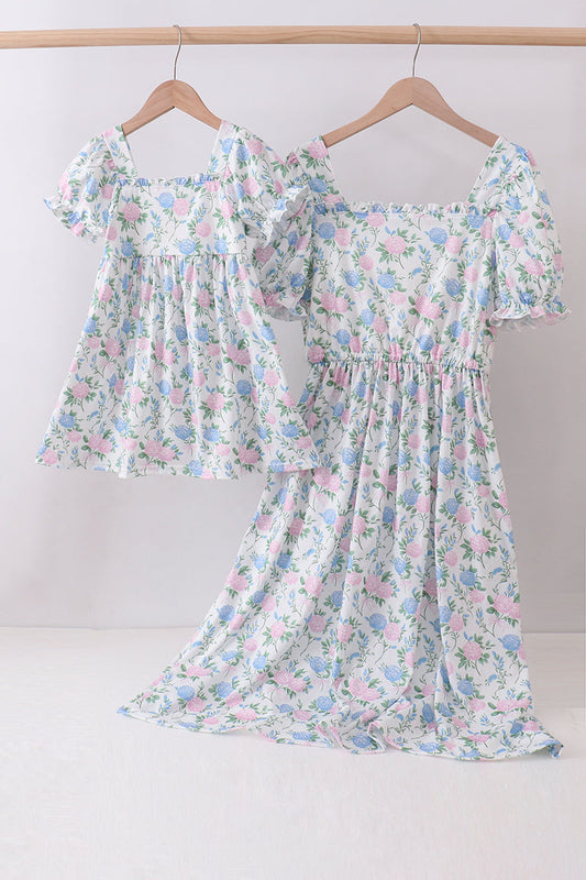 Blue floral print ruffle mom&me dress