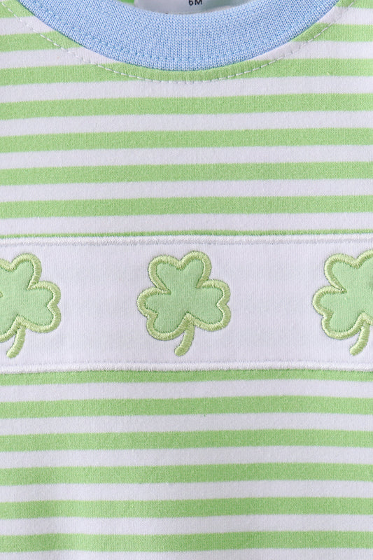 Green clover embroidery stripe romper