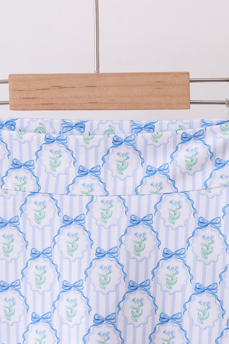 Blue bow floral active skorts set