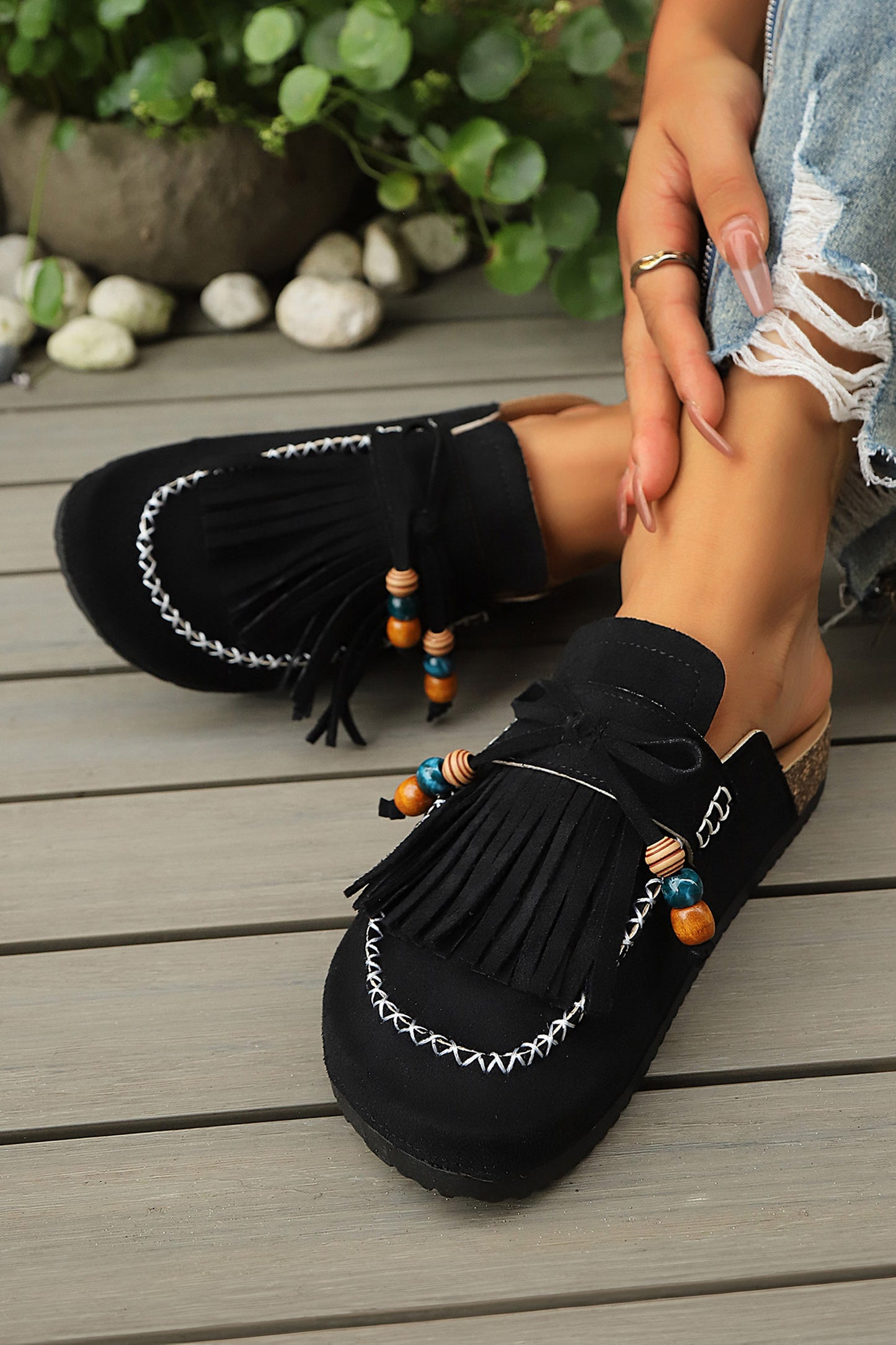 Chestnut Boho Bow Fringed Faux Suede Slip-on Loafers Square Toe Casual Slippers