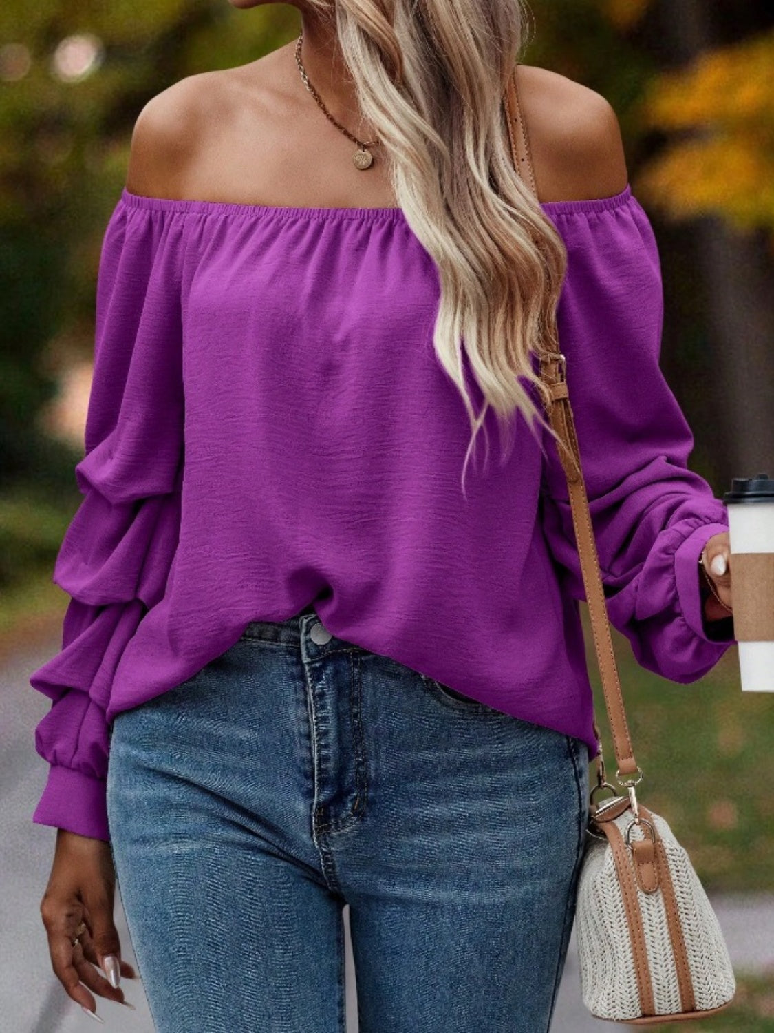 Ruched Off-Shoulder Long Sleeve Blouse